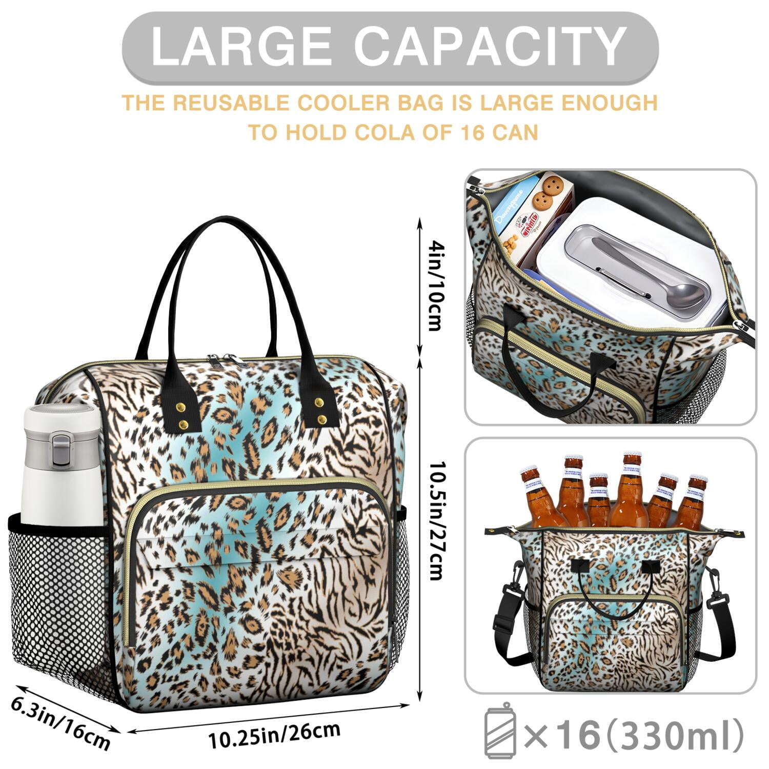 Leopard and Tiger Pattern Womens Lunch Box for Work,Insulated Large Lunch Bag for Tween and Teen,Loncheras Para Mujer,Leakproof Adult Lunch Bag for Work,Beach,Travel,Picnic,Camping