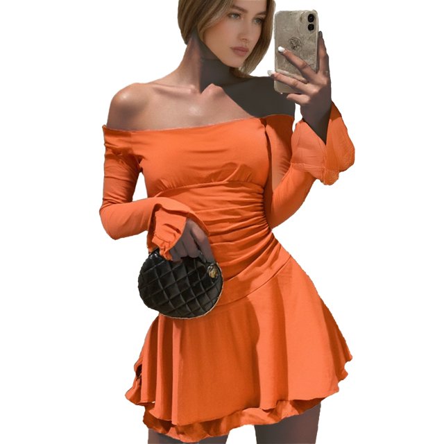 WILLBEST Vestidos Cortos Para Mujer Vestido Mini Fruncido Con Hombros Descubiertos Para Mujer Vestido Corto Ajustado Belleza De Manga Larga Con Volantes En Capas Y Fluido Para Otoño 288