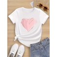 thumbnail image 1 of Heart Graphic Print Creative T-Shirts, Soft & Elastic Comfy Crew Neck Short Sleeve Tee, Girls' Summer Tops, Pink, Suitable for 8-14 Years Old, 1 of 6