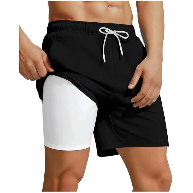 lcziwo Mens Board Shorts with Compression Liner Breathable Stretch Swim Trunks Multi Pockets Summer Beach Drawstring Shorts,Black,M