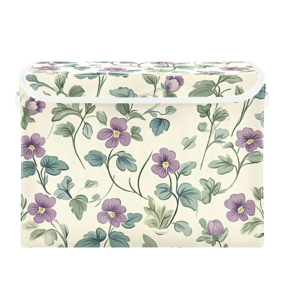 Flowers and Leaves on Beige Background Large Storage Bins with Linen Collapsible Lid Storage Box 16.7 x 12.6 x 11.8in