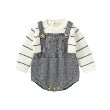 

Meihuida Toddler Baby Knit Sweater Rompers Striped Casual Fake Two Piece Warm Long Sleeve Jumpsuit for Newborn Girl Boy