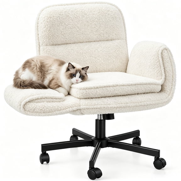 Patbrela Office Chair Teddy Plush Ergonomic Criss Cross Office Chair with Adjustable Armrests, Swivel Vanity Chair Comfy Desk Chairs, Beige