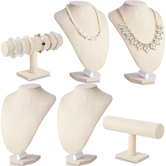6 Pcs Jewelry Display Set Necklace Display Stand T Bar Bracelet Holder Jewelry Bust for Home Store Trade Show(Linen)