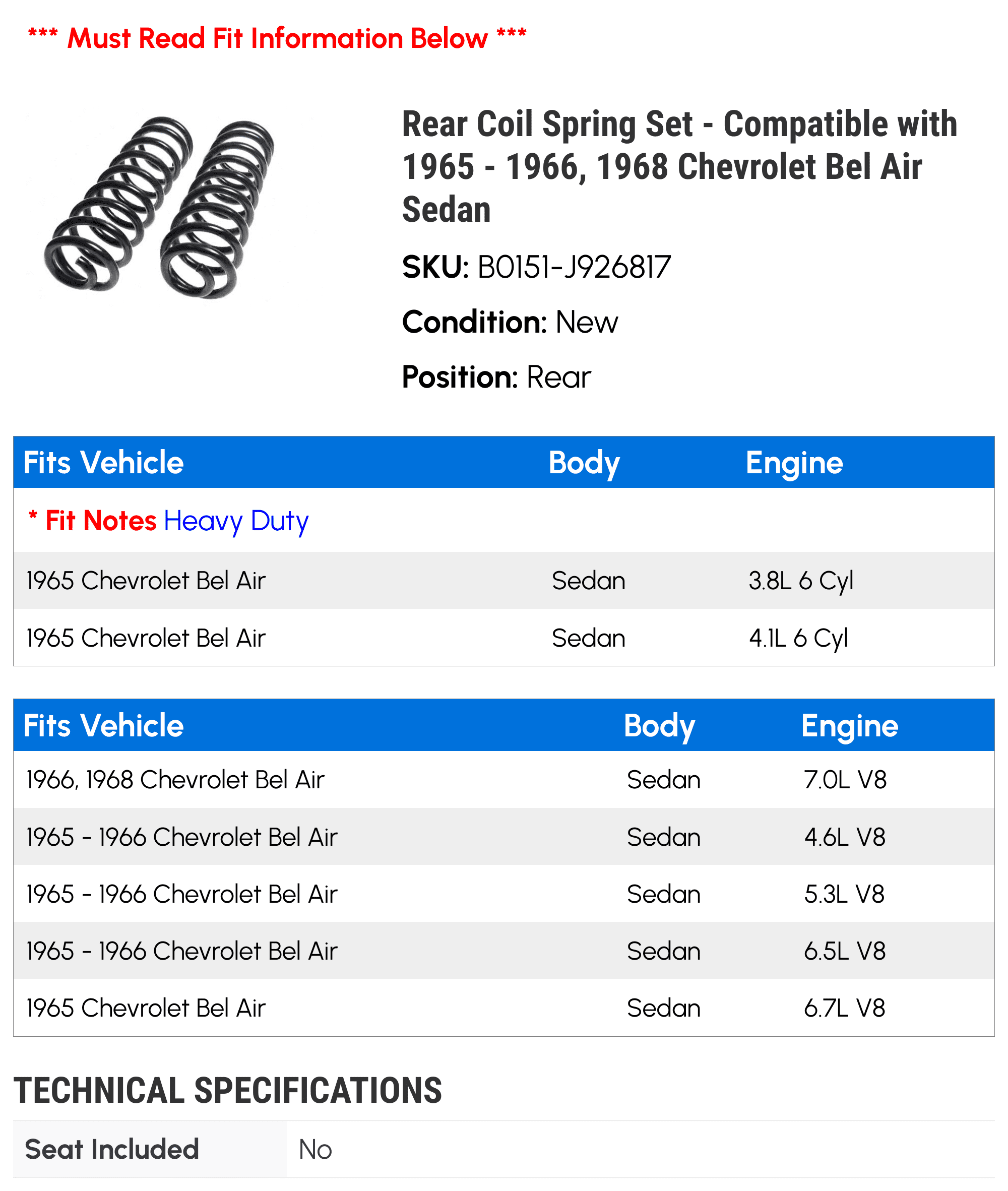 Rear Coil Spring Set - Compatible with 1965 - 1966, 1968 Chevy Bel Air Sedan