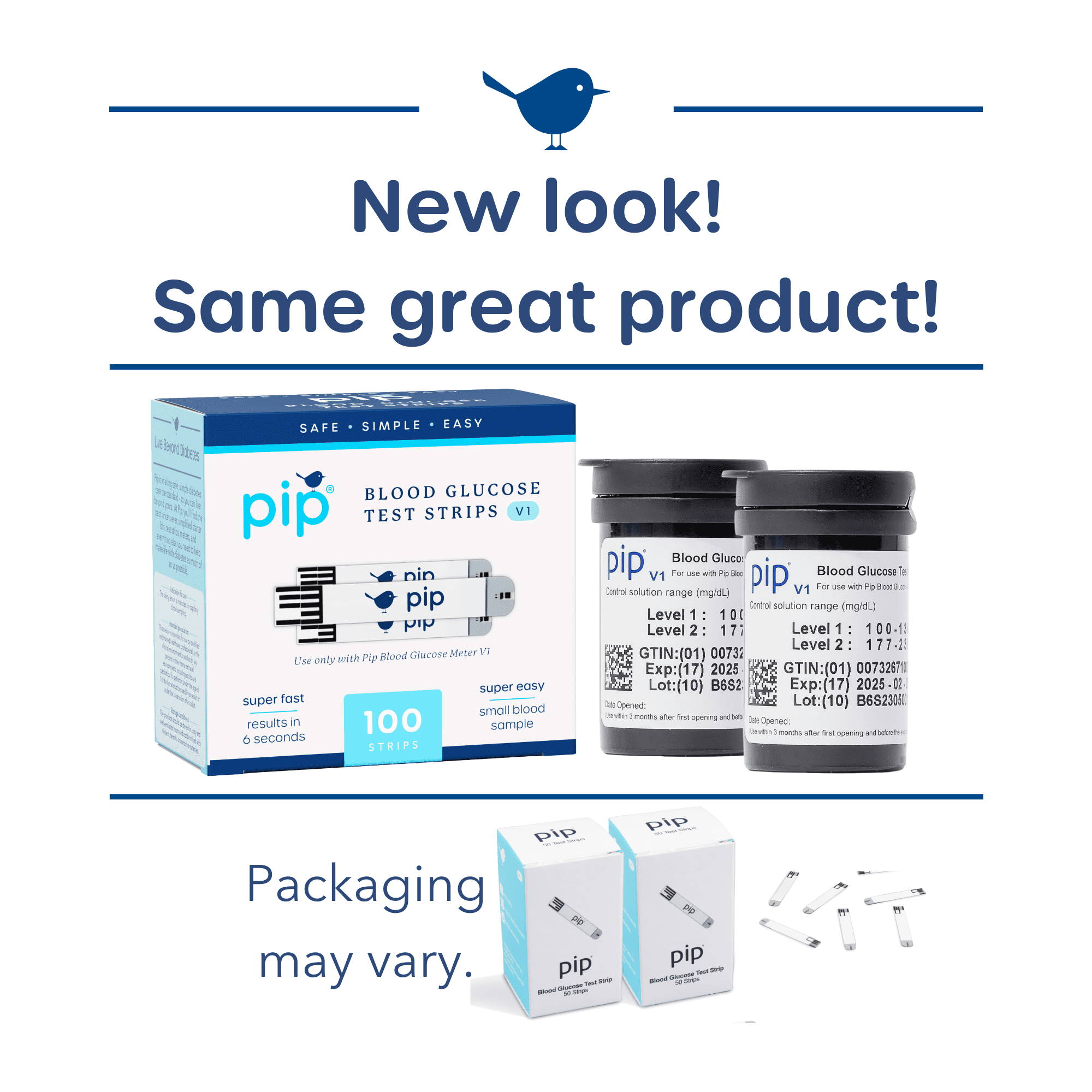 (2 pack) Pip V1 Blood Glucose Test Strips, 100 Count - Diabetic Test Strips for Daily Blood Sugar Testing