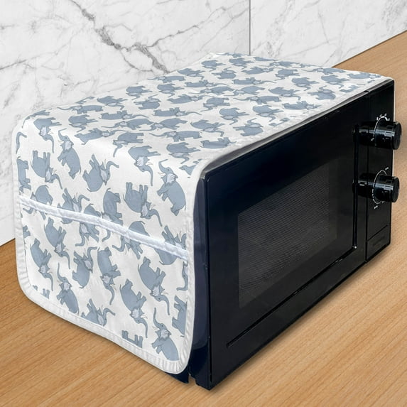 Cartoon Animal Microwave Oven Cover, Pastel Themed Wildlife Mammals Savannah Animals on Plain Backdrop, Water Resistant Organizer with Pockets for Kitchen, 36" x 12", Blue Grey and White, by Ambesonne