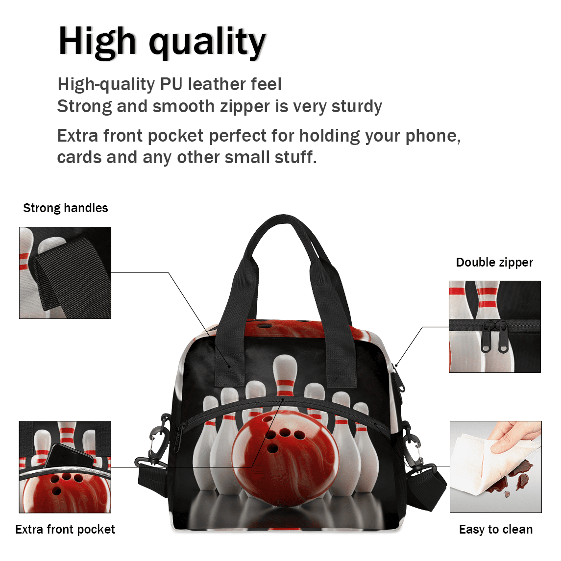 Herdesigns Bowling Ball Sports Insulated Lunch Bag for Women Men Adults Large Reusable Lunch Box Leakproof Portable Cooler Tote Bags with Adjustable Shoulder Strap