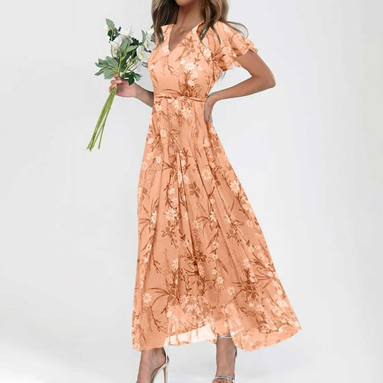 JYLPZYR Petite Summer Dresses For Women Women'S Fashionable Summer Casual  Floral V Neck Short Sleeved Long Dress Long(Orange,M) - Walmart.com