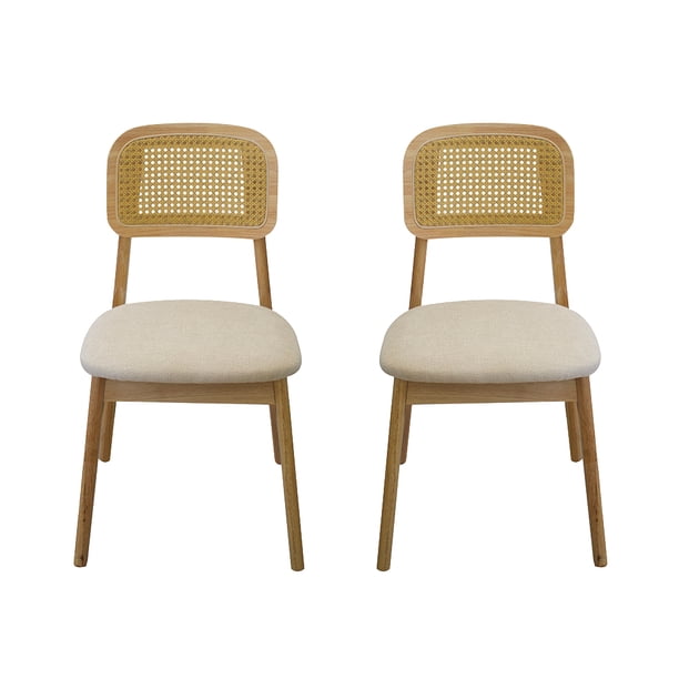 Ilios Innova | Paquete de 2 Sillas Vela de Comedor de Madera de Caucho, Estilo Nórdico con Respaldo de Ratán PE y Asiento Acolchado de Tela, Sillas Decorativas Modernas