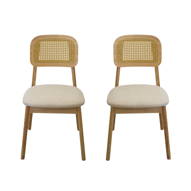 Ilios Innova | Paquete de 2 Sillas Vela de Comedor de Madera de Caucho, Estilo Nórdico con Respaldo de Ratán PE y Asiento Acolchado de Tela, Sillas Decorativas Modernas