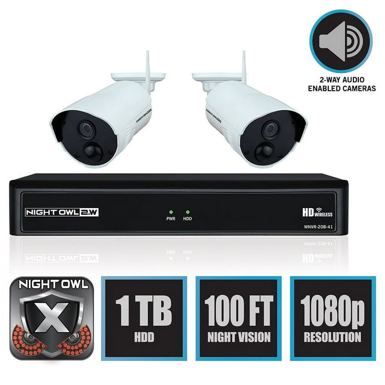 Night Owl 4 Channel 1080p Wireless Smart Security Hub with 1 TB Pre Installed Hard Drive and 2 x 1080p Infrared IP Cameras with Two Way Audio 300 ft