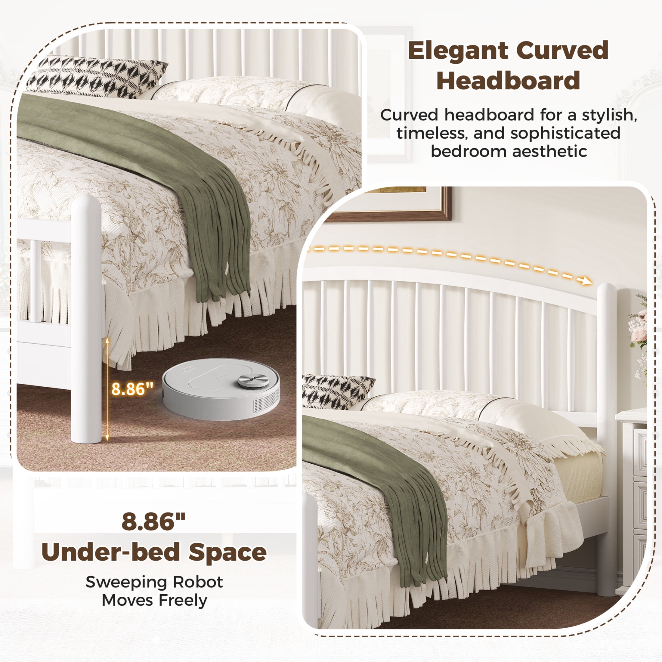 Noble House Alaric King Wood Platform Bed Frame, Arched Spindle Headboard, Noise-Free Foundation, White