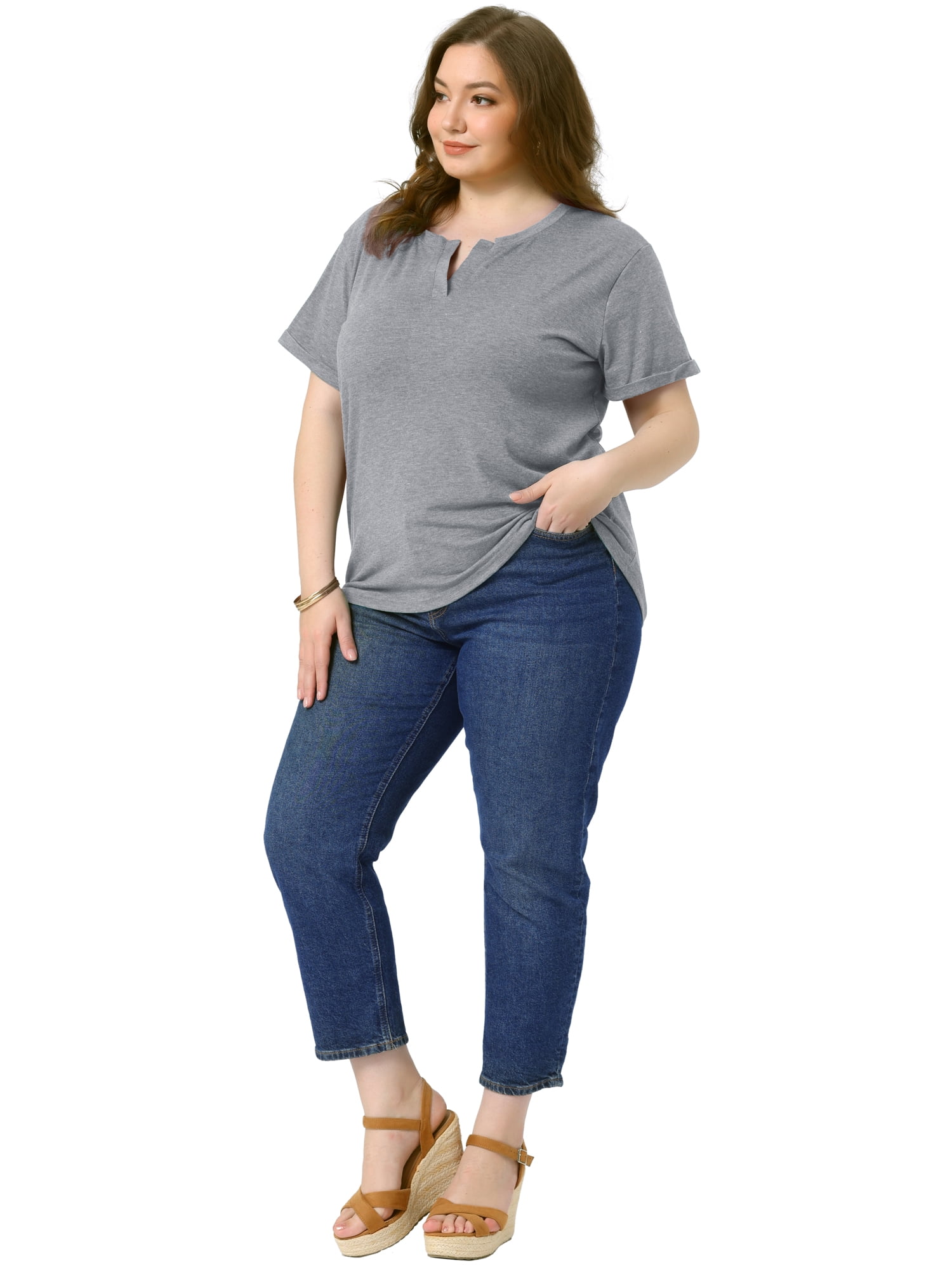 DARING DIVA Women's Plus Short Sleeve V Neck Summer Tees Gray 3X