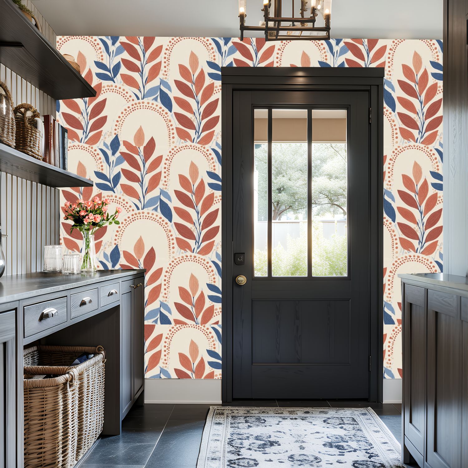 Peel and Stick Wallpaper 17.7in x 9.8ft Abstract Floral Terracotta Blue Leaves Beige Contact Paper Vinyl Self-Adhesive Removable Wall Paper for Bedroom Nursery Bathroom Renter Friendly