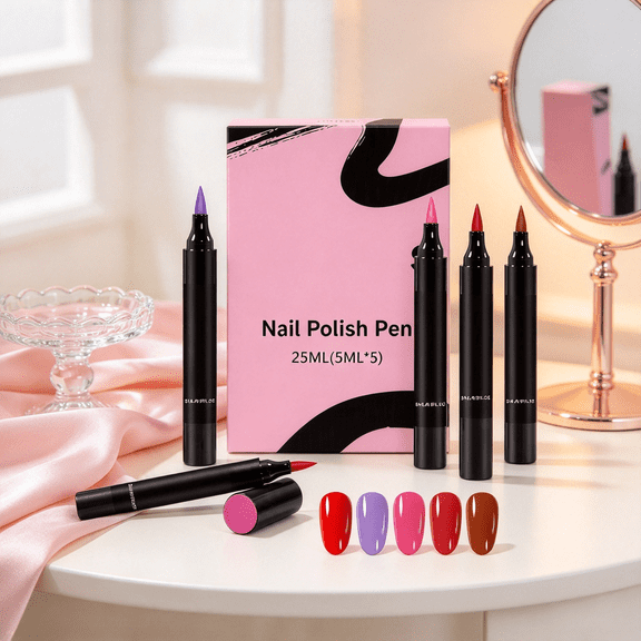 5 Colors Nail Polish Pens Set, Quick Dry Gel Nail Polish Pen, 3-in-1 No UV Needed, Portable DIY Manicure Kit
