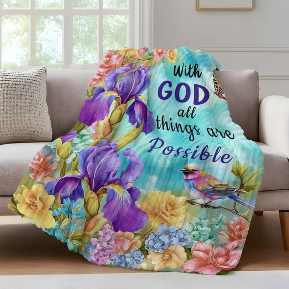 Botanical Floral Fleece Throw Blanket for Couch, with God All Things Are Possible Microfiber Flannel Blanket for All Season, Lightweight Soft Throw Blankets for Bedroom, Living Room, 60"x80"
