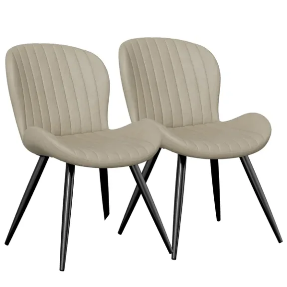 2-Piece Light Beige Ribbed Dining Chairs Soft Breathable Tech Cloth Upholstered Shell Shape Chairs with Sturdy Metal Legs Modern Accent Chairs for Dining Room Living Room Kitchen