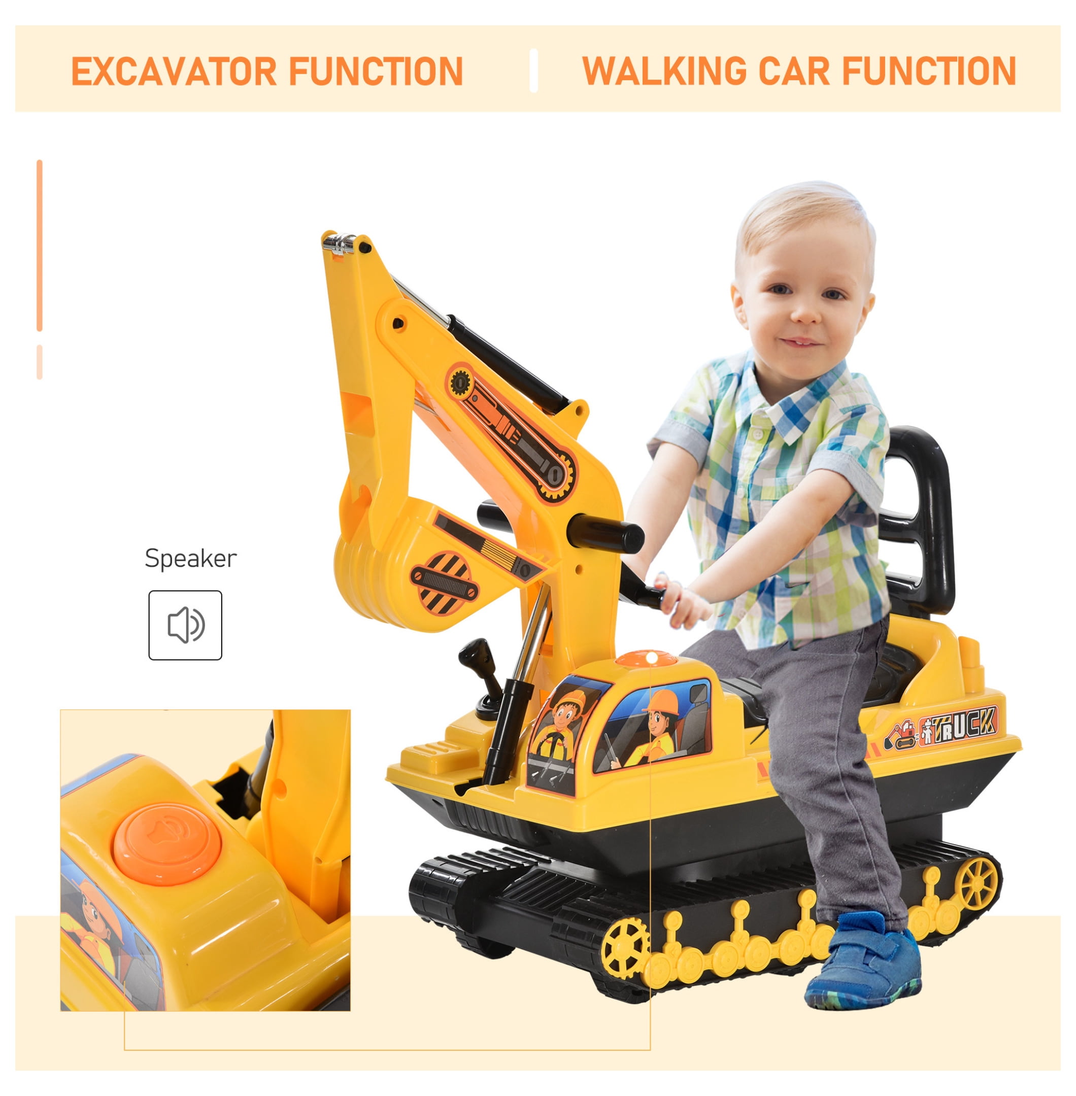 NO POWER Ride On Excavator Toy Tractors Digger Movable Scooter Walker Pretend Play Toddler Construction Truck Basket Storage For Boys Girls 3 Years Old Yellow Black Yellow + Polypropylene