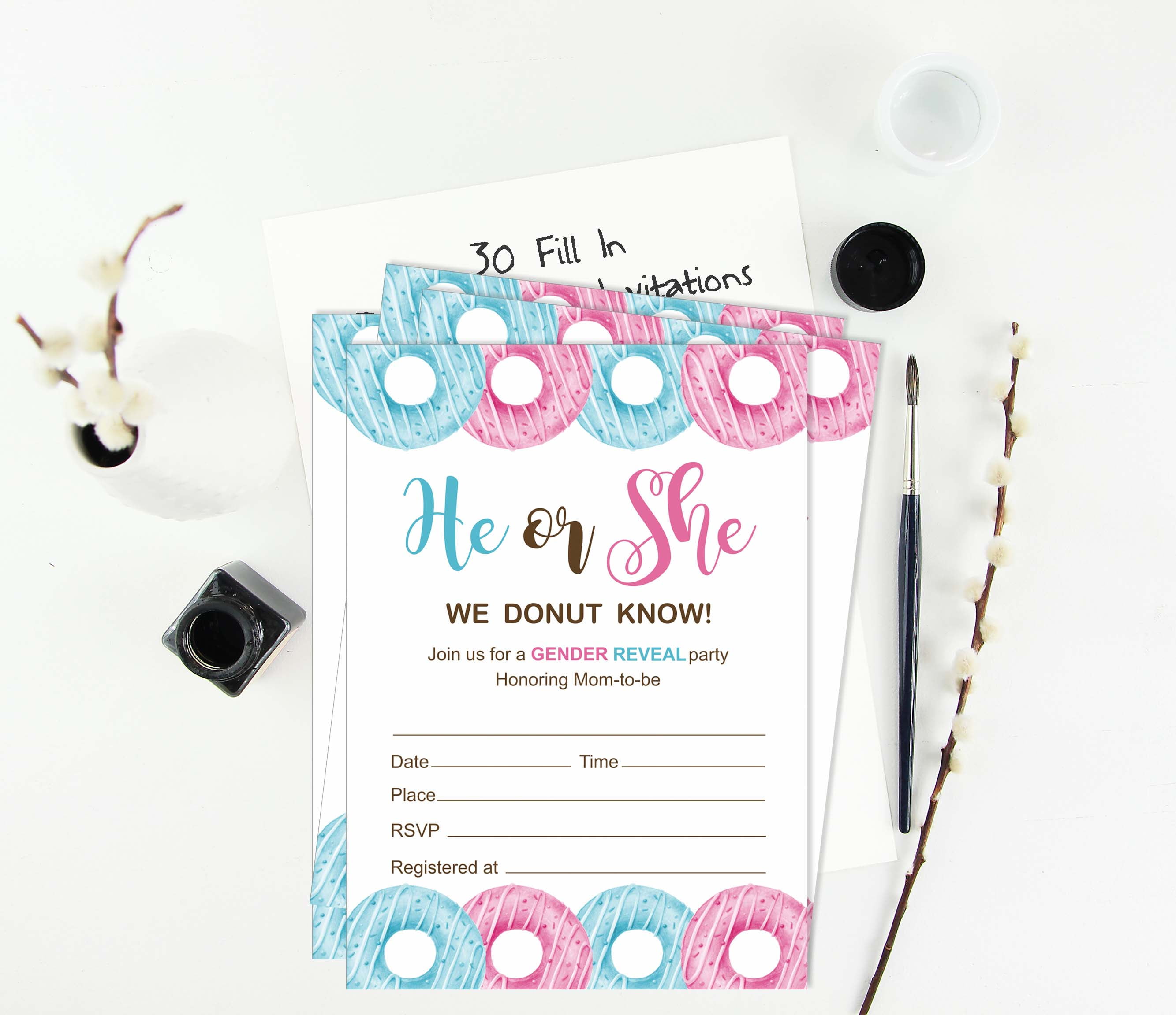 Inkdotpot 30 Fill In StyleBaby Shower Invitation Cards Donuts He Or She Gender Reveal Blank Invites