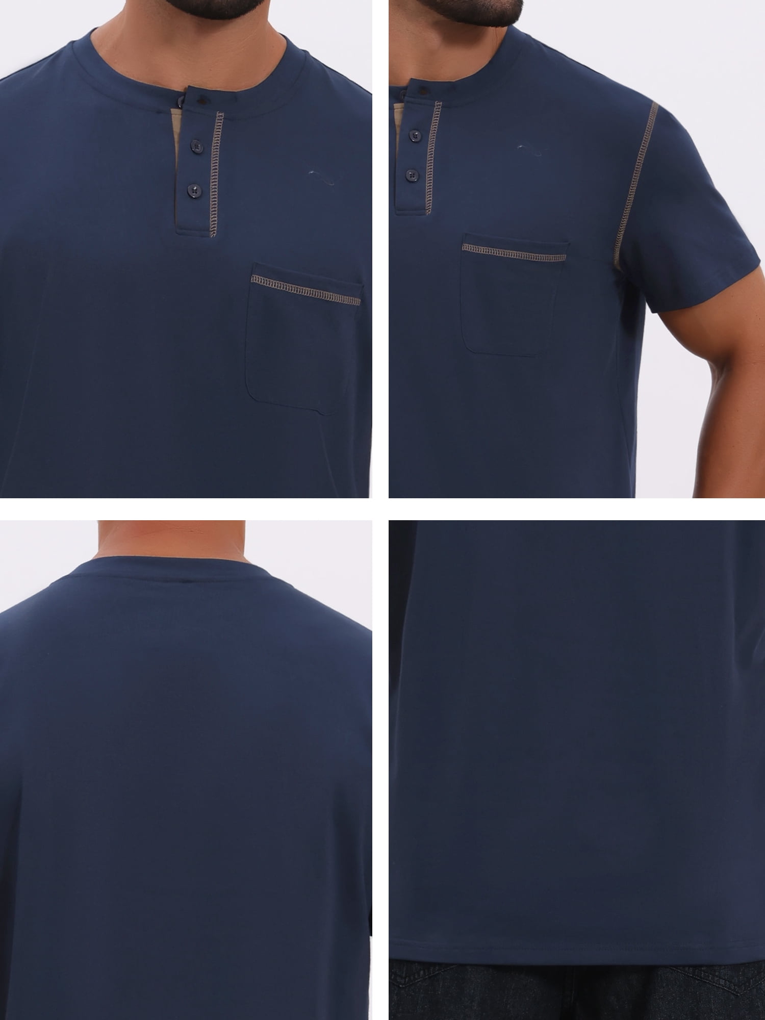 DARING DIVA Men's Henley Crew Neck Short Sleeve Button Down T-Shirt M Navy Blue