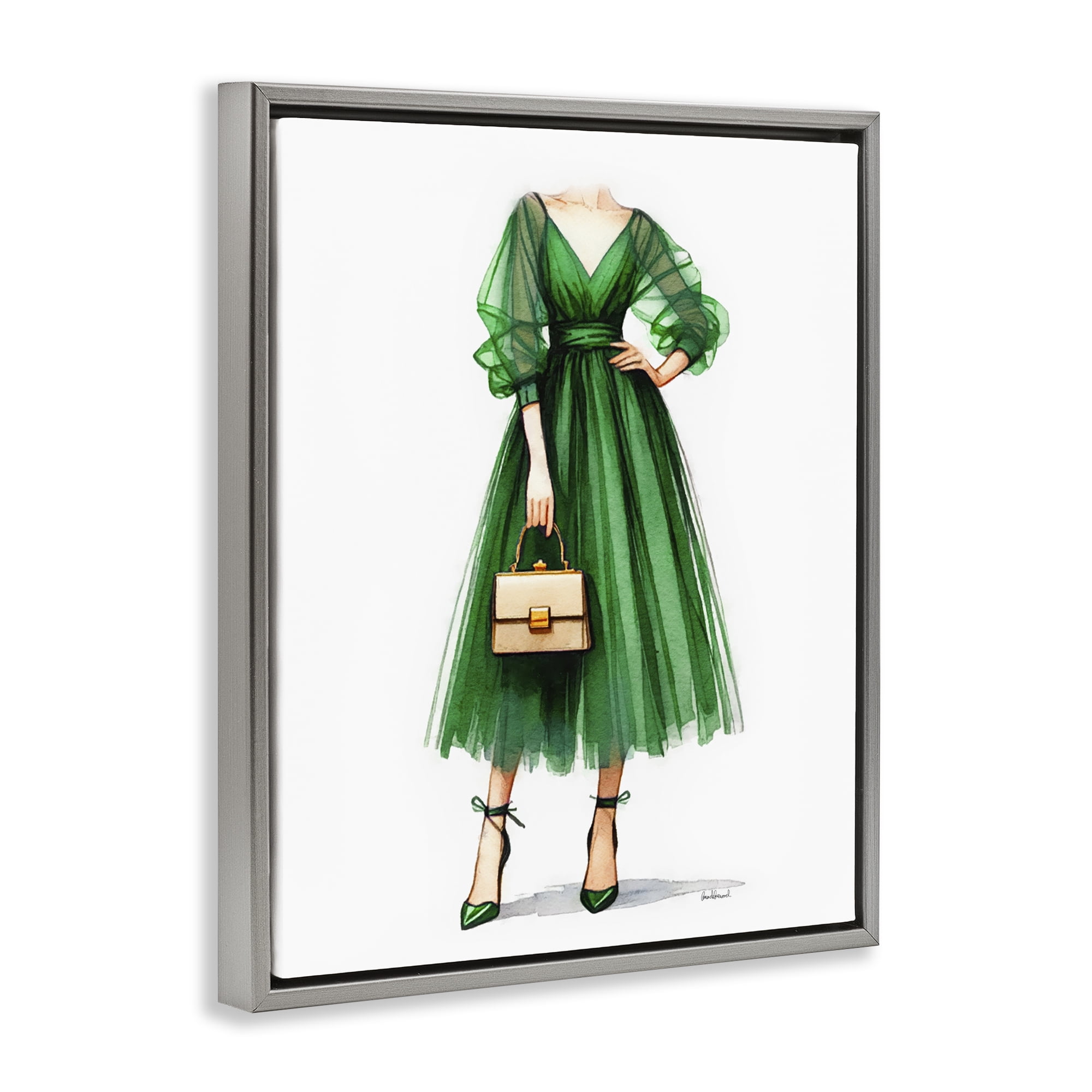 Stupell Industries Glam Green Fashion Gown Fashion Painting Gray Floater Framed Canvas Art Print Wall Art, 17 x 21
