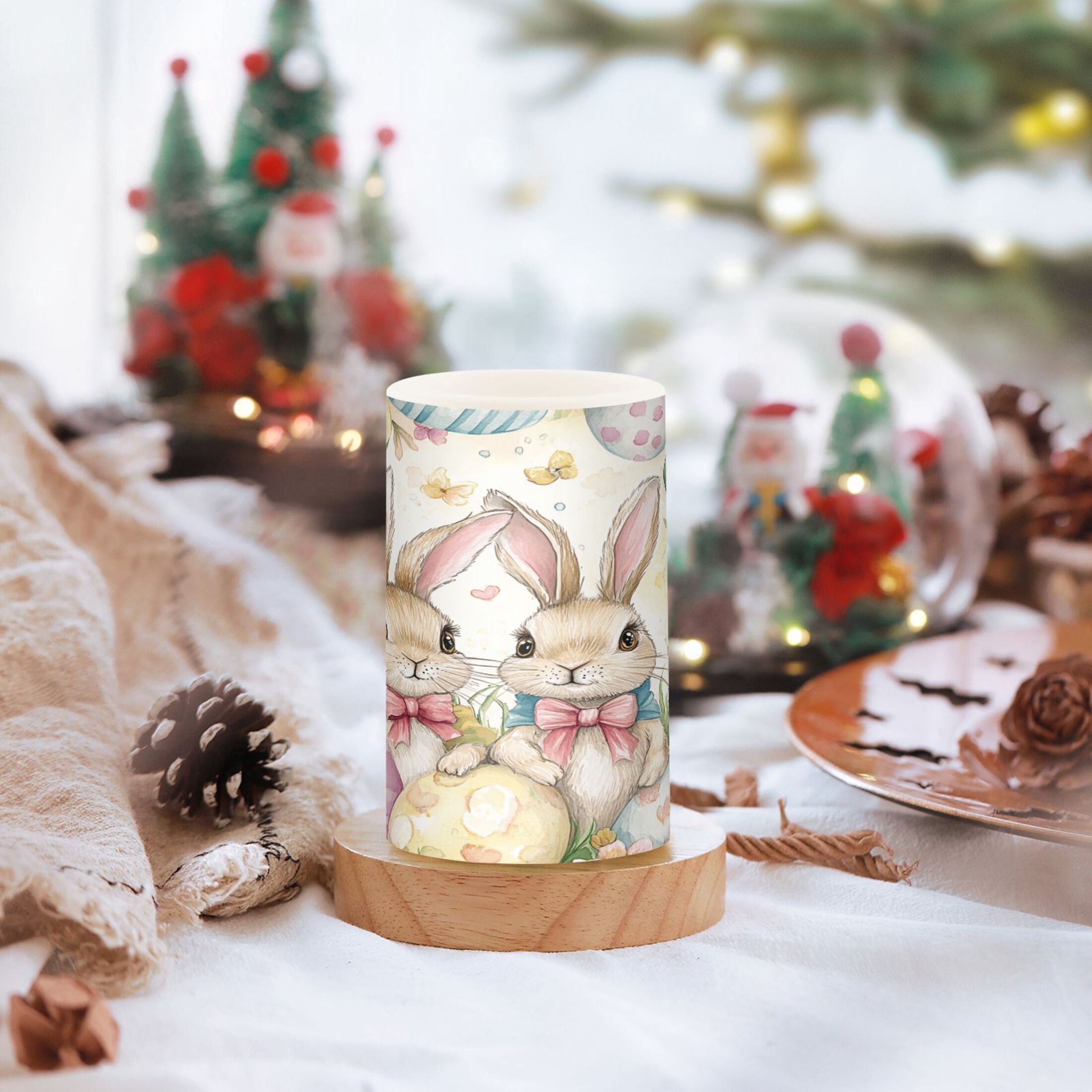 Flickering Flameless LED Candles set of 2 Battery Operated 18-Key Remotes Timer Halloween Fall Decor Cute Bunnies and Easter Eggs D3''xH4''5''