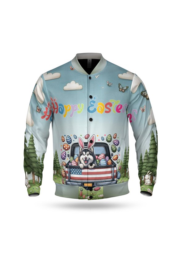 Happy Easter Alaskan Malamute American Flag Truck Bunny Ears All Over Print 3D Baseball Jacket Alaska Mal Dog Lovers Gifts Bomber Jacket Softball - 03001
