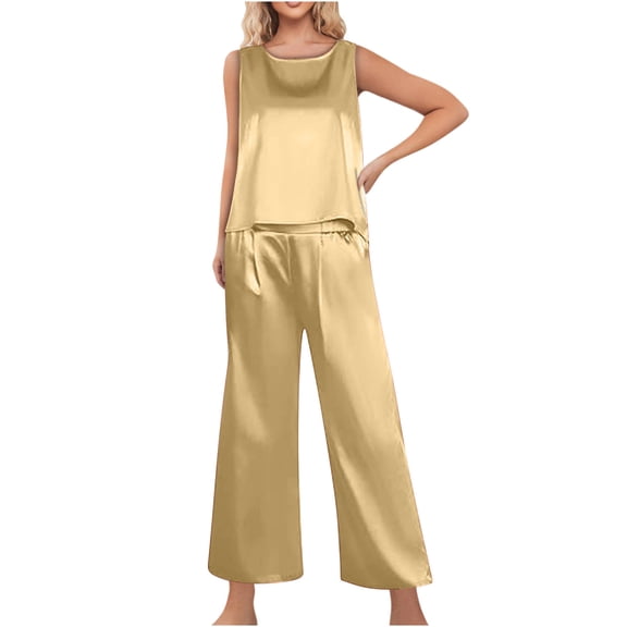 Summer Ladies Nightwear Clearance AKAFMK Sleepwear for Women Pajama Set,Women's Silk Satin Pajama 2 Piece Outfits Sleeveless Tank Crop Top And Wide Leg Pants Set With Pockets