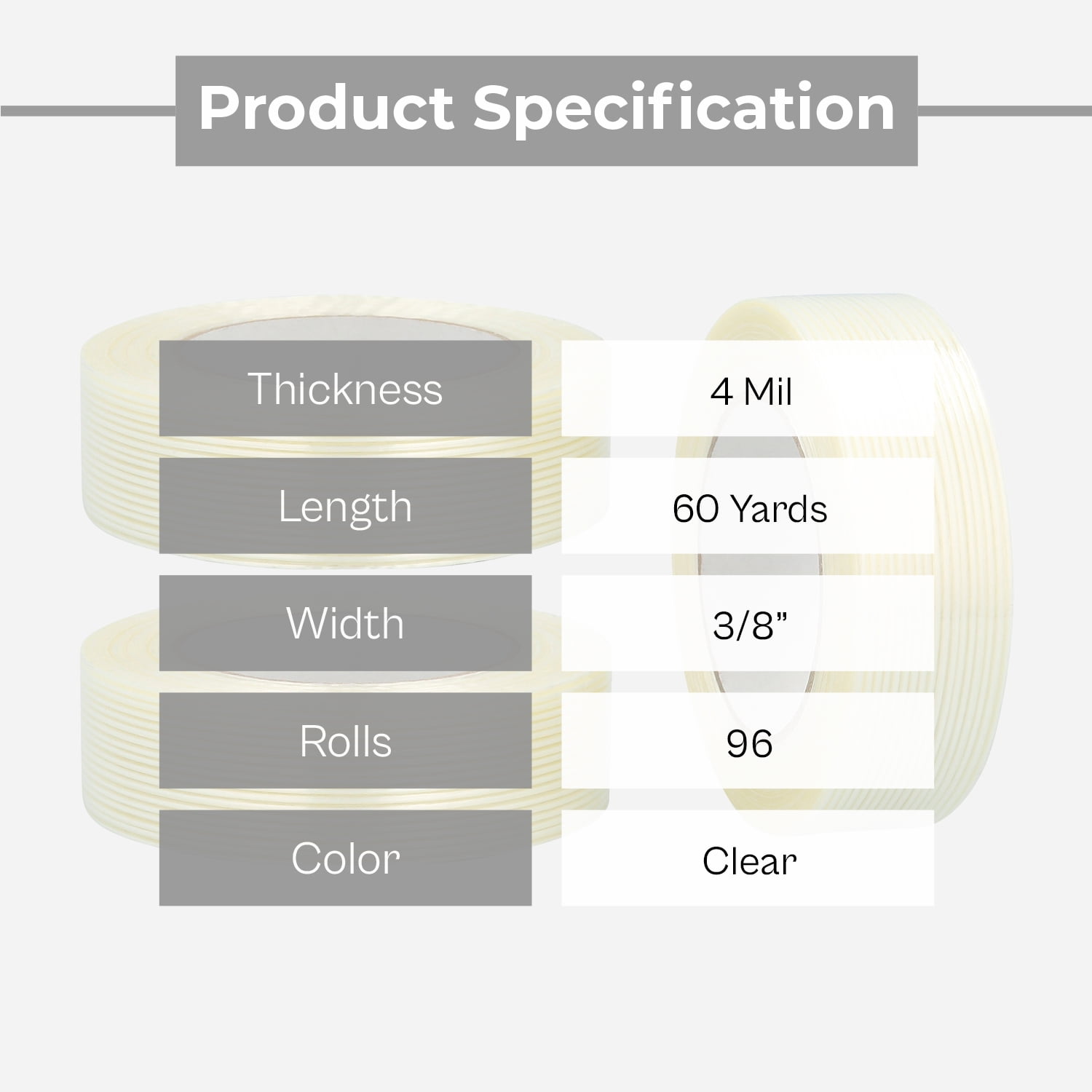 Shield 96 Rolls - 4 Mil - Reinforced Fiberglass Filament Tape Medium Grade High Tensile Strength, Industrial Purpose, Leaves no residue, 3/8" x 60 Yards, Clear