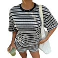 thumbnail image 2 of Womens Geometric Stripe Short Sleeve T-Shirt and Shorts Loungewear Set Black L, 2 of 8