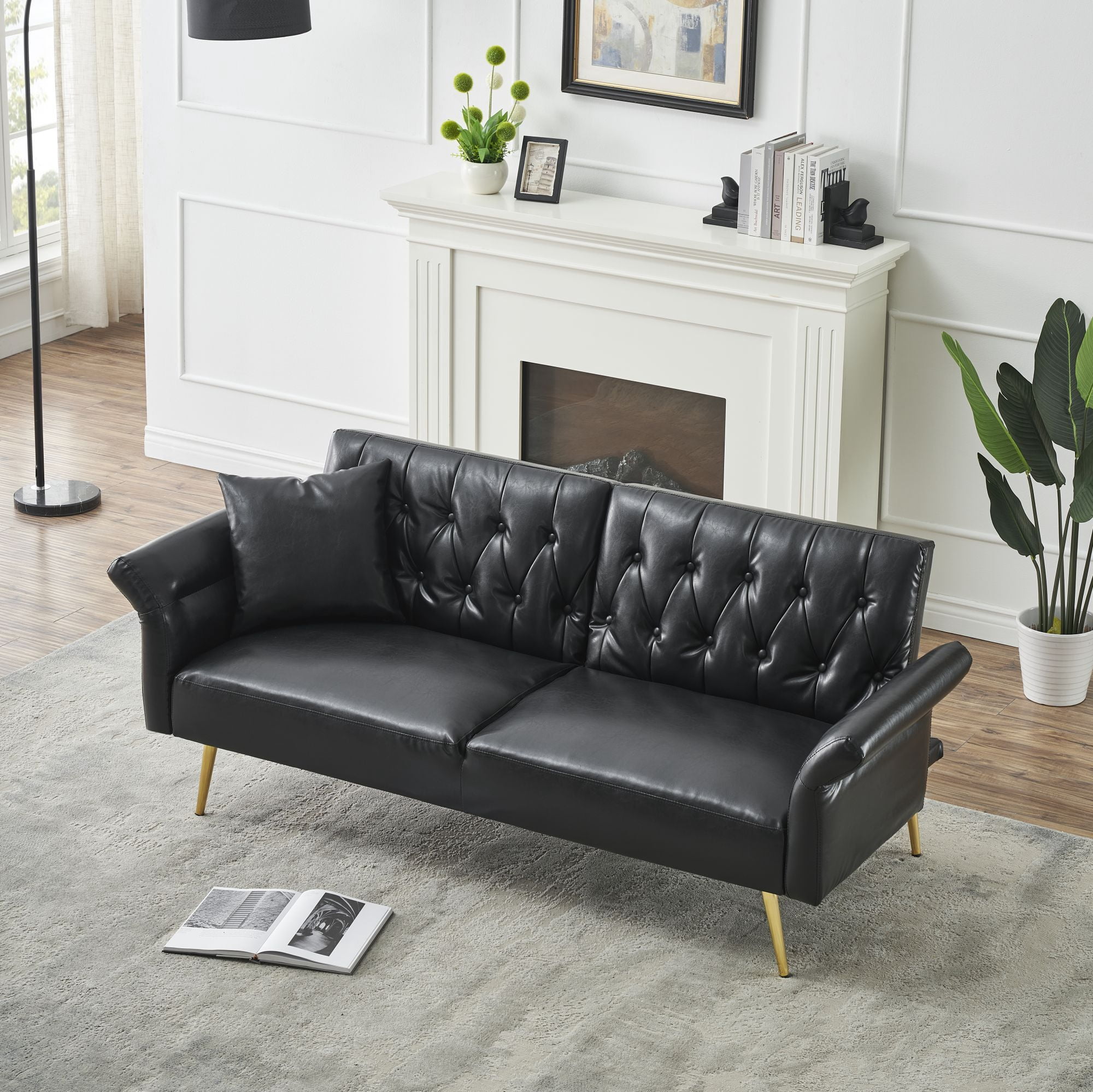 DEALTOPS Convertible Futon Sofa Bed, Faux Leather Loveseat Couch with Adjustable Armrests and backrests, Black