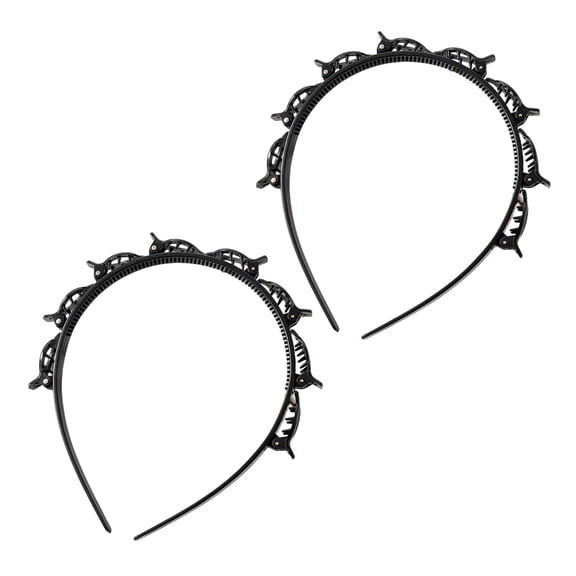Xinwanna 2Pcs Women Headband with Clips Double Layer Design Anti-slip Hairband Bang Braided Hair Hoop Hair Accessories (Black,2pcs)