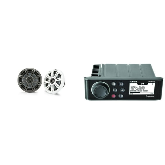 Fusion Entertainment MS-RA70 Marine Entertainment System with Bluetooth w/ KM65 6.5-Inch (165mm) Marine Coaxial Speakers with 3/4-Inch (20mm) Tweeters, 4-Ohm, Charcoal and White Grilles