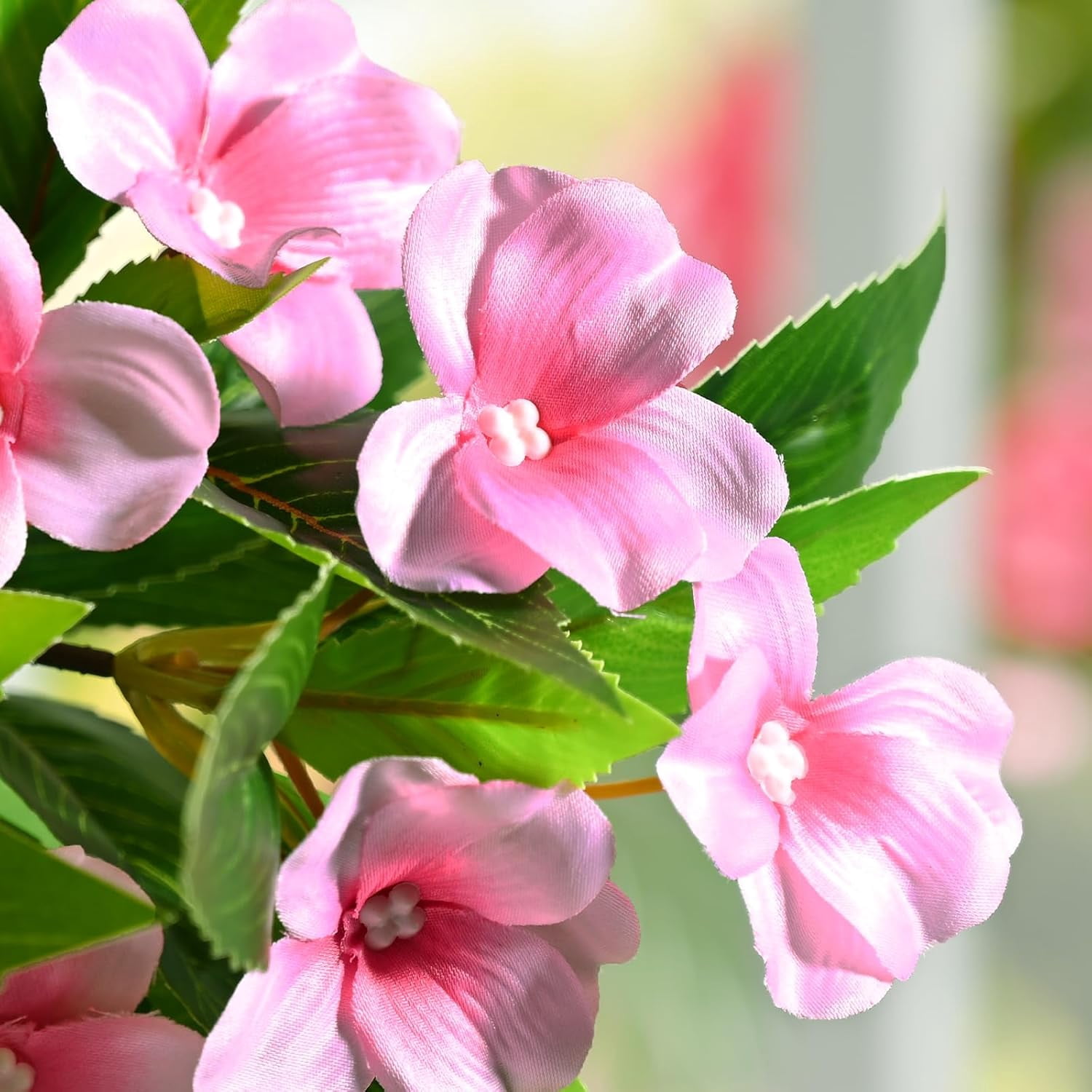 5 Ppcs Artificial Flowers for Outdoors, UV Resistant Faux Flowers for Outdoor Planters, Silk Impatiens Bouquet Pink Spring Artificial Plants for Garden Porch Patio Balcony Yard Decoration