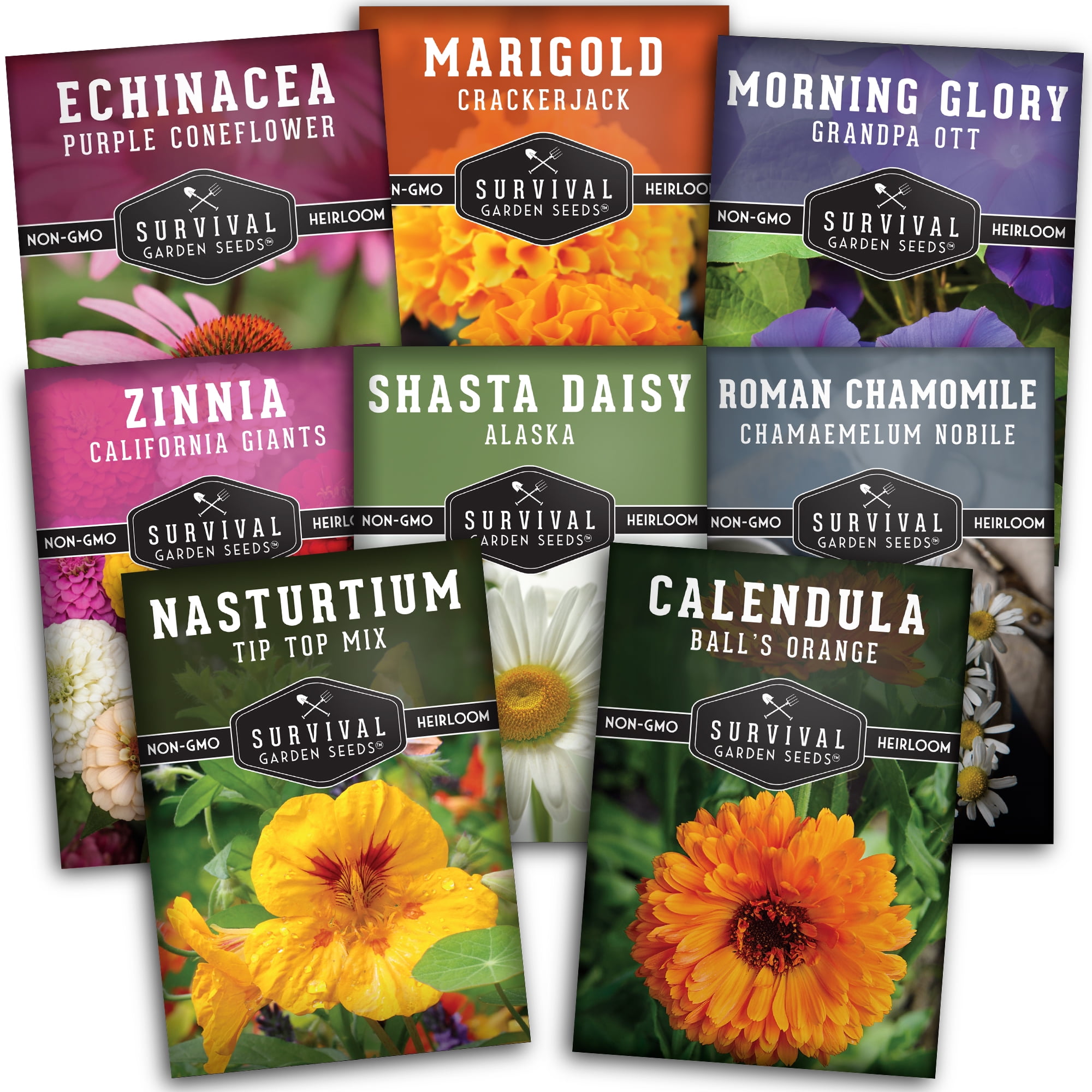 Survival Garden Seeds Flower 8 Pack - Calendula, Chamomile, Shasta Daisy, Echinacea (Coneflower), Marigold, Morning Glory, Nasturtium, Zinnia - Full Sun