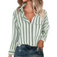 thumbnail image 2 of WTOBBY Women's Striped Button Down Shirt Long Sleeve Casual Shirt - Fashion Blouse with Button Front for Stylish and Comfortable Office or Daily Wear,Dark Green M, 2 of 5