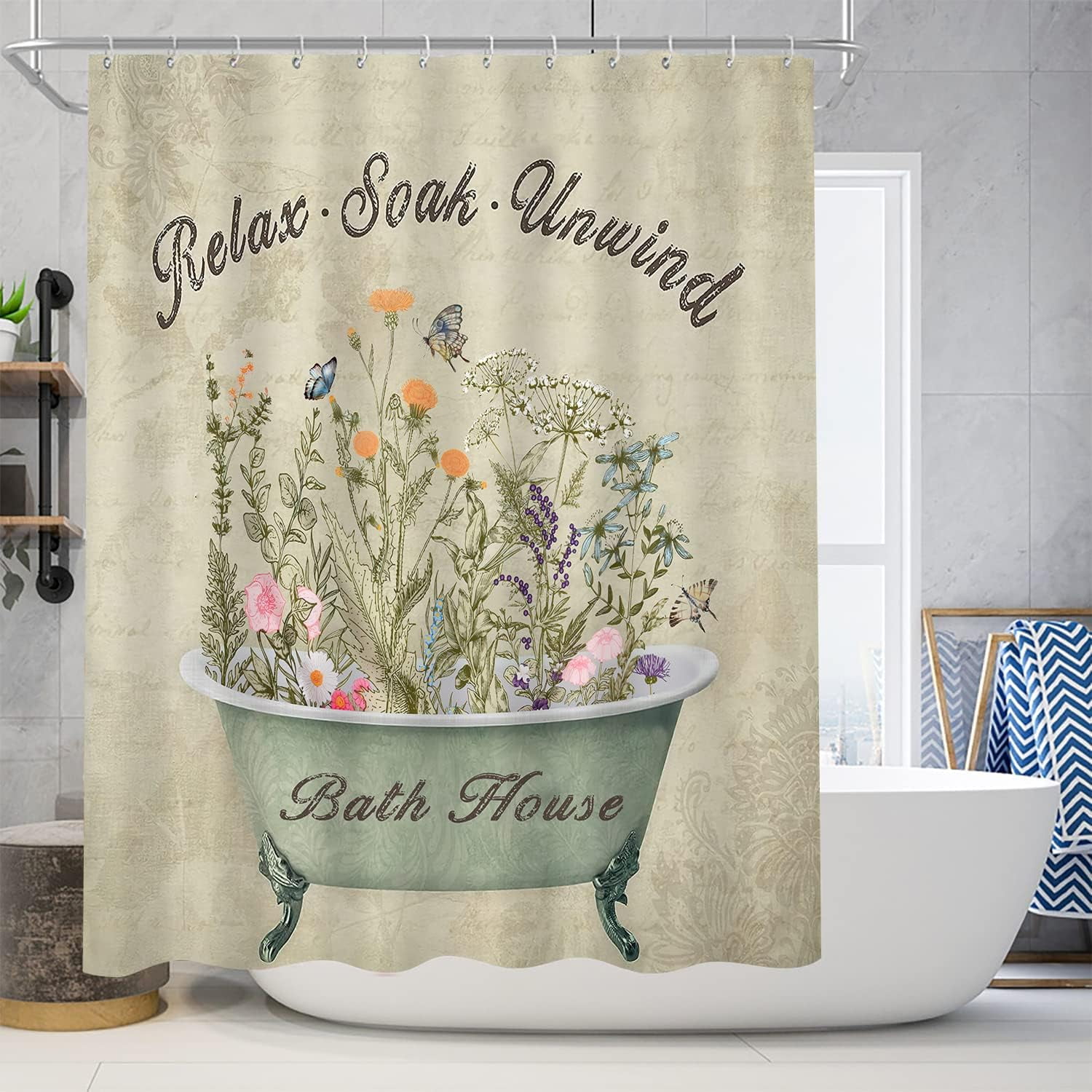 4 Pcs Floral Shower Curtain Flowers Leaves Bathroom Sets with Shower Curtain and Rugs Vintage Farmhouse Bathroom Decor Country Bathtub on Rustic Wood Backdrop Bathroom Rugs Mat Toilet Lid Cover