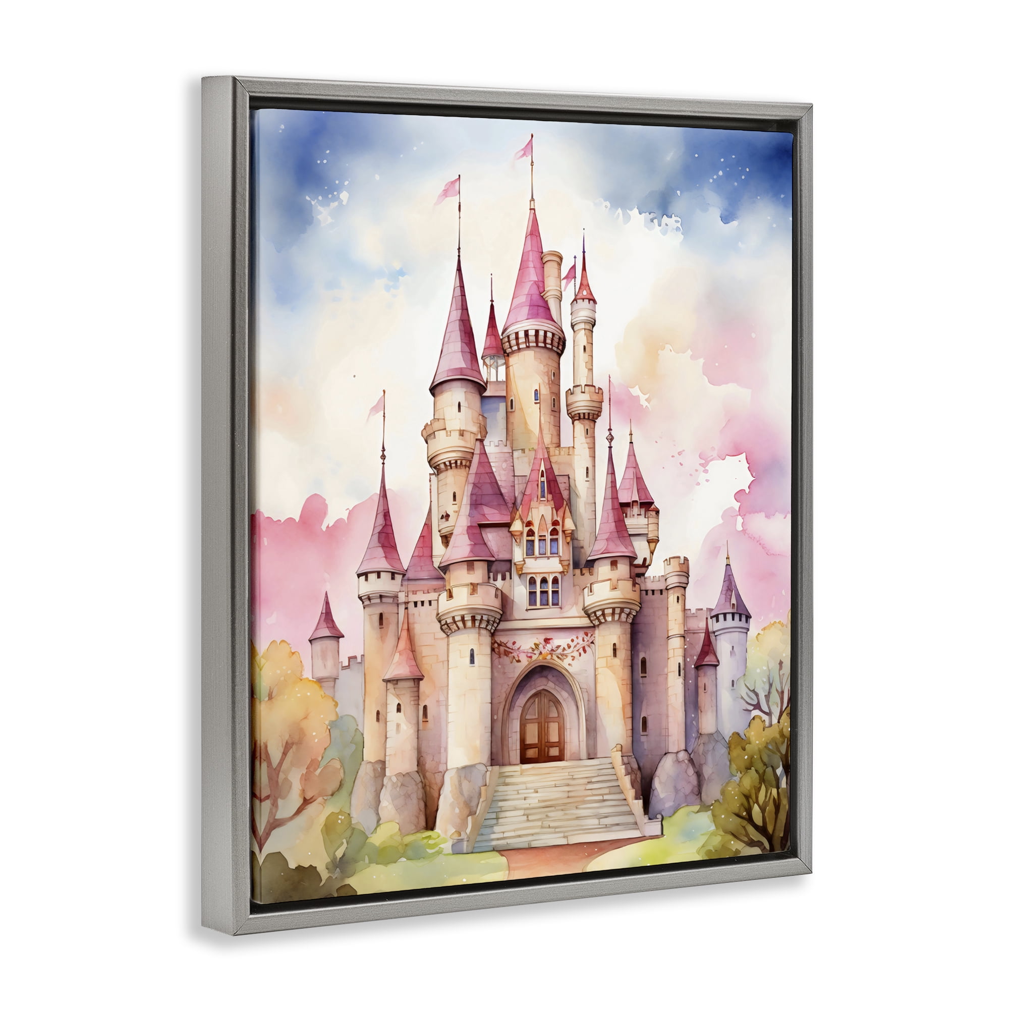 Stupell Industries Princess Castle Watercolor Portrait Gray Framed Floater Canvas Wall Art, design by Creative Studio