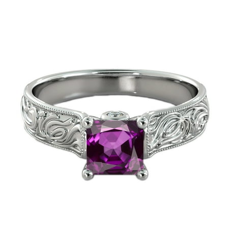 - 1.06 ctw Amethyst Ring with Diamonds 14K White Gold Filigree Cathedral Princess