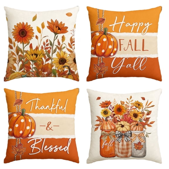 Sm:)e Set of 4 Fall Pillow Covers 18x18 Inch - Autumn Decorative Throw Pillowcases with Pumpkin, Sunflowers and Happy Fall