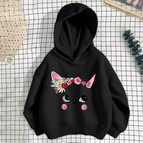 SGFCWSX Fleece Hoodies for Girls Fashion Print Sweatshirt Kids Thermal Sweatshirts Black Size 3 Years