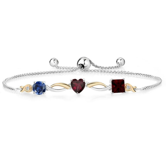 Gem Stone King 925 Silver and 10K Yellow Gold Blue Created Sapphire Red Rhodolite Garnet Red Garnet and Lab Grown Diamond Tennis Bracelet for Women By Keren Hanan (2.24 cttw, Adjustable up To 9 inch)