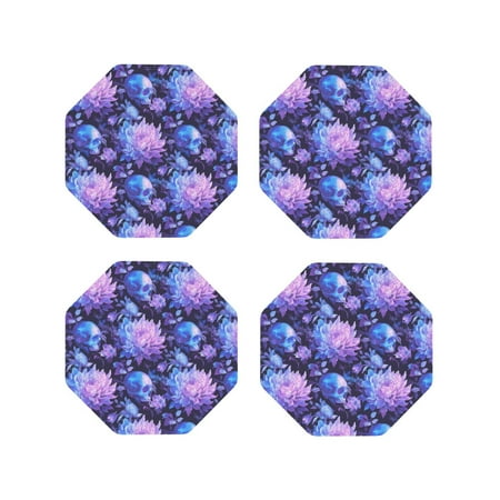 

Coasters Set of 4 - pink white Skull flower Drink Coasters for Tabletop Protection Leather Coasters for Living Room Decor and Housewarming Gift Octagon