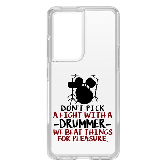 DistinctInk Clear Shockproof Hybrid Case for Galaxy S21 ULTRA 5G (6.8" Screen) - TPU Bumper Acrylic Back Tempered Glass Screen Protector - Don't Pick Fight with Drummer