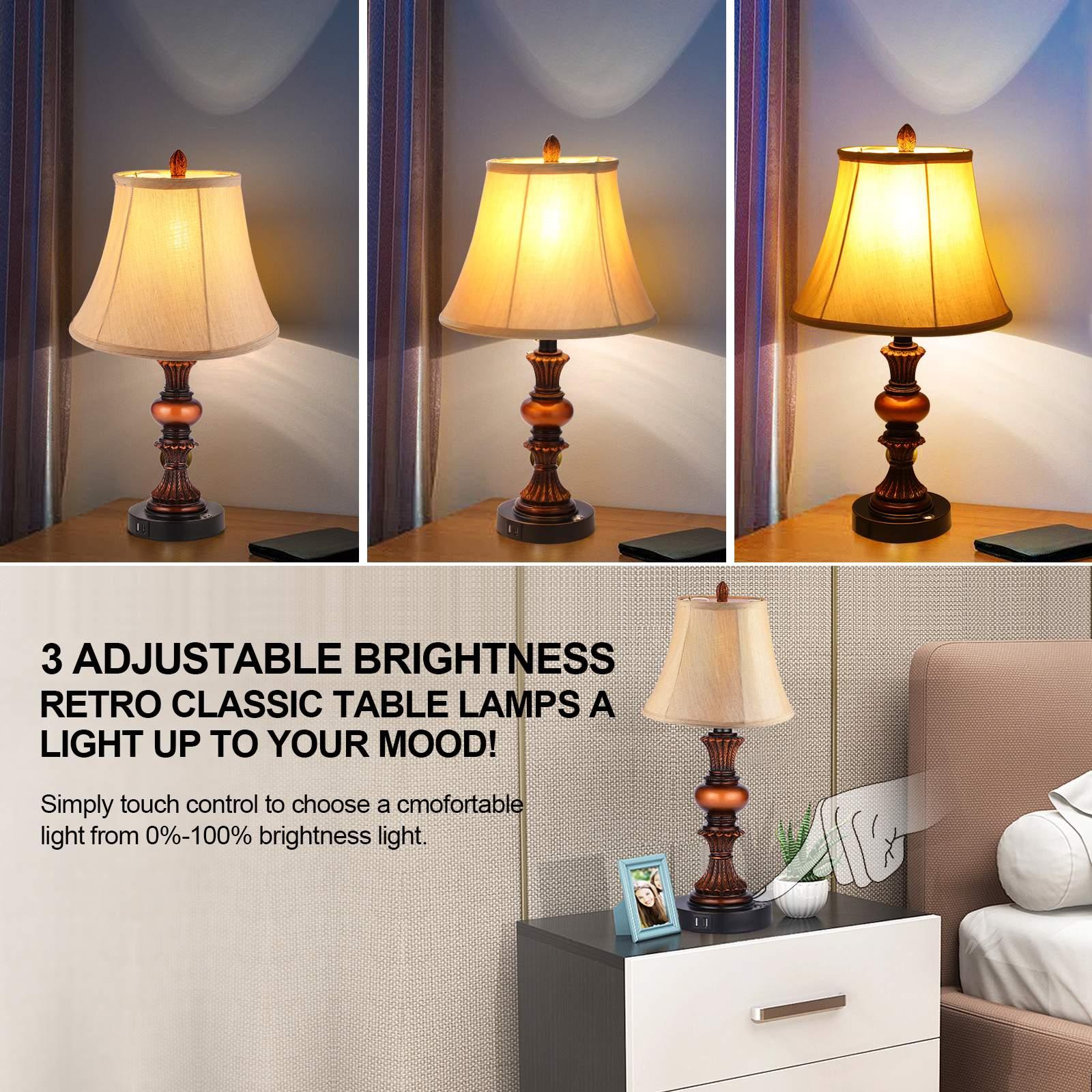 Nictiv 2 Pack Traditional Table Lamps,Touch Control 3-Way Dimmable Lamp Sets w/4 USB Charging Ports, Fabric Tapered Drum Shade Nightstand Lamp for Living Room, Bedroom, 2 Free LED Bulbs, Bronze