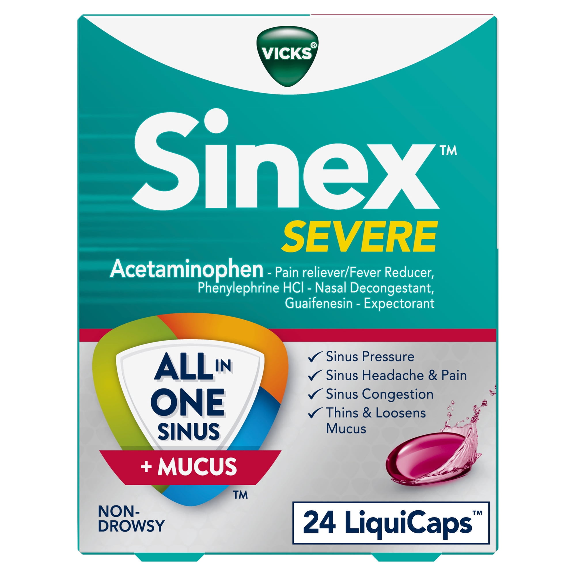 Vicks Sinex Severe LiquiCaps, Non-Drowsy Mucus +Sinus Relief Medicine, 24 count
