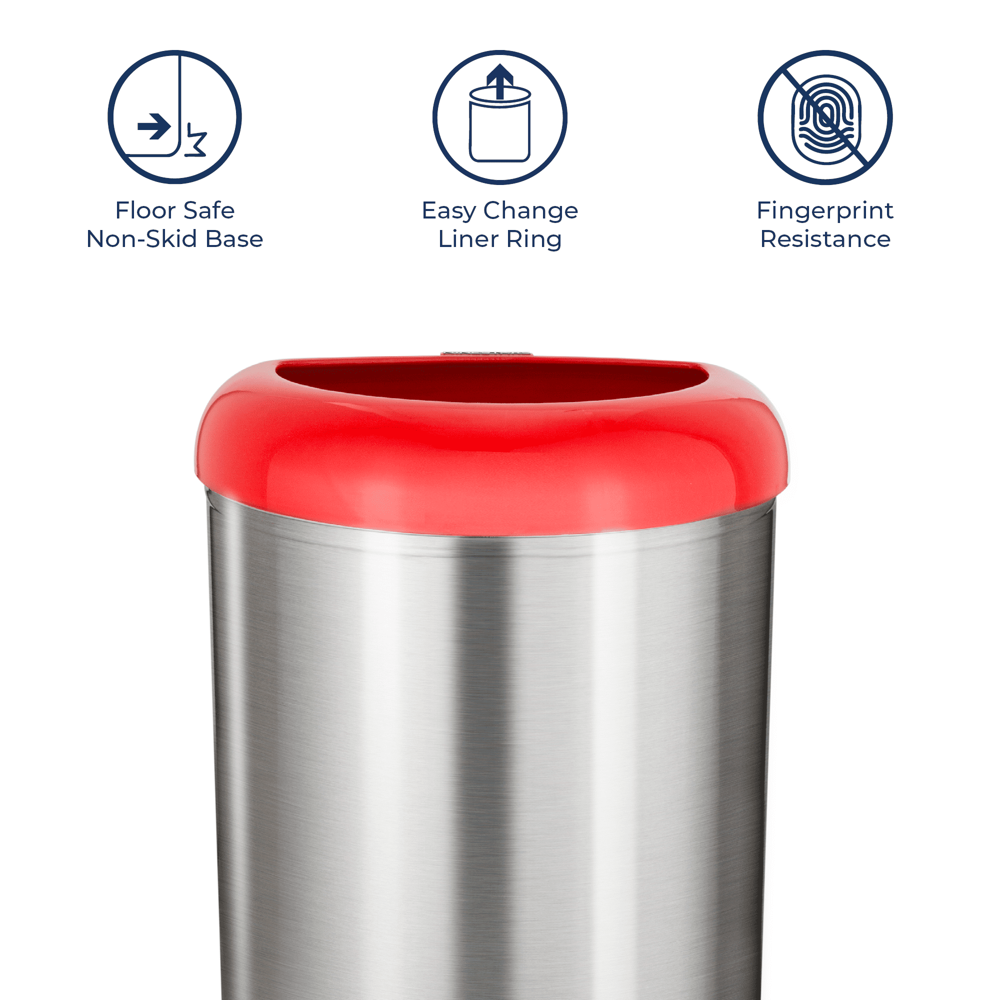 Nine Stars Open-Top Kitchen Trash Can, 13 Gallon Stainless Steel, Hands-Free Waste Bin, Silver and Red