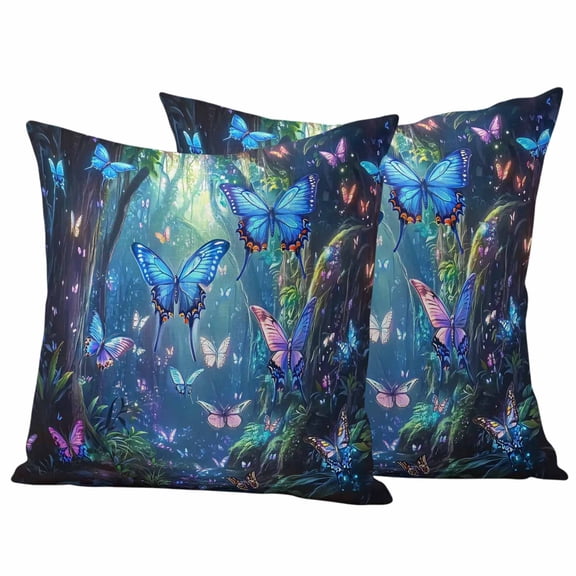 Outdoor Pillow Covers 20 x 20 Inches, Blue Butterfly Waterproof Throw Pillow Cover Set of 2, Modern Art Forest Butterflies Decorative Square Cushion Covers for Patio/Tent/Couch/Garden