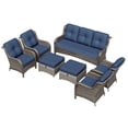 thumbnail image 4 of Meetleisure 7 Piece Wicker Patio Furniture Set, Rattan Chairs with 3-Seater Sofa, Ottomans, High Back, Deep Seating, Wide Armrest, Thick Cushions for Deck Porch, Dark Blue, 4 of 9